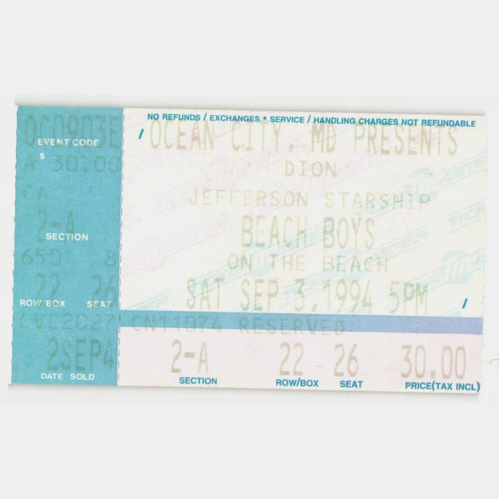 Vintage 1994 Beach Boys Jefferson Starship  Concert Ticket Stub Ocean City MD